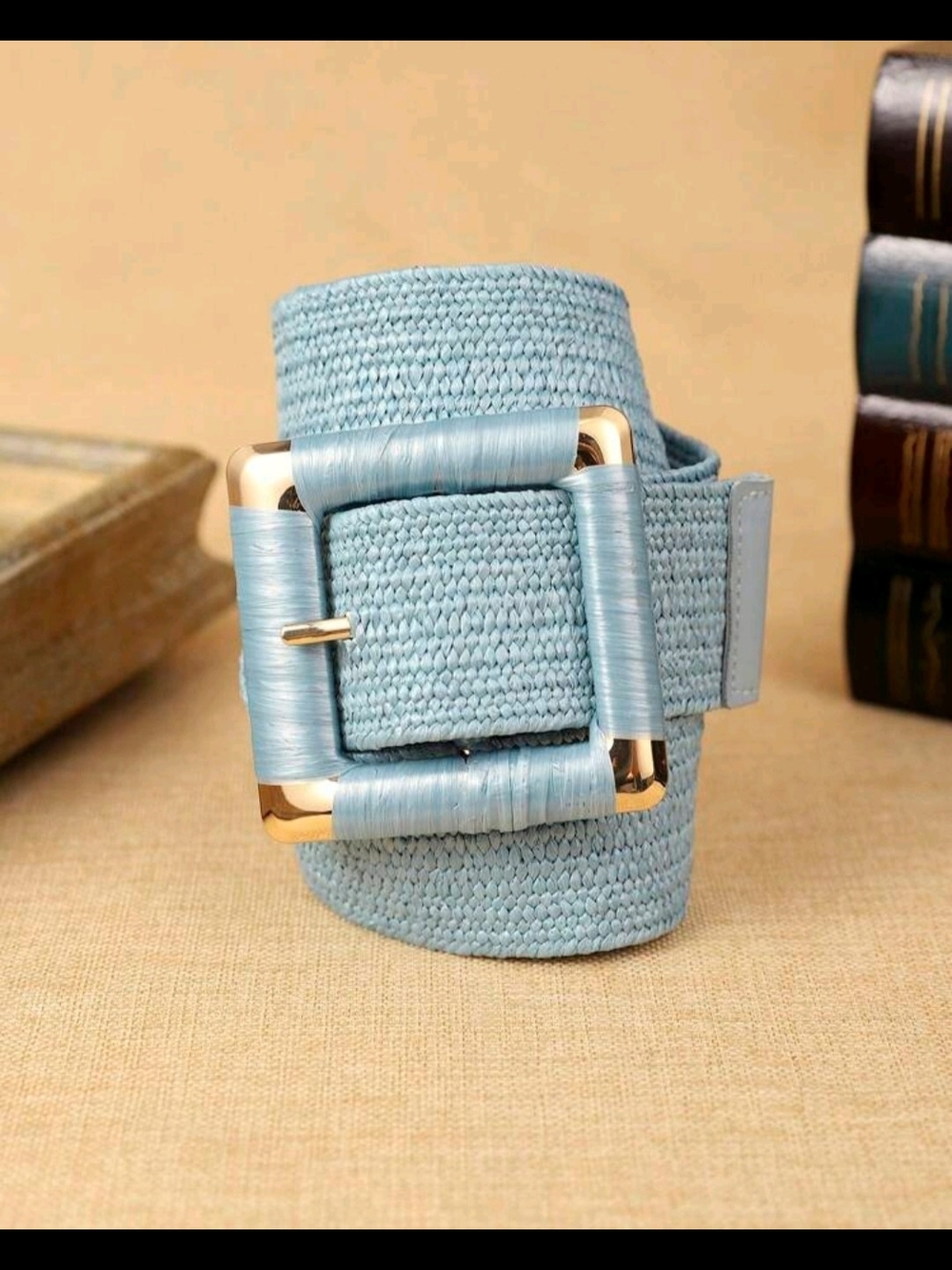 Light Blue Woven Waist Belt with Gold-Tone Buckle - Picture 6 of 9